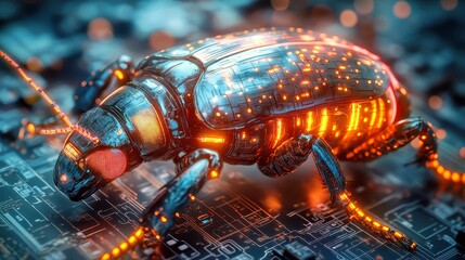 Neon Cyber Beetle - Futuristic Insect in Digital World