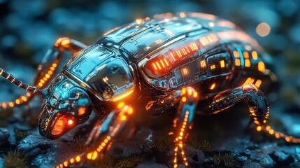 Digital Cyber Beetle - Futuristic Metallic Insect in Neon Environment