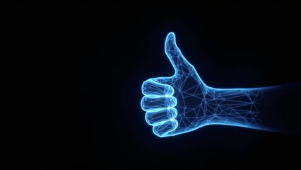 Polygonal blue hologram of digital hand giving thumbs up on dark background.