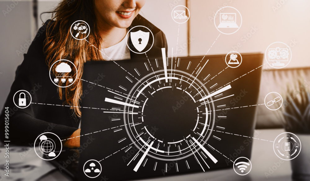 Poster cyber security and digital data protection concept. icon interface showing secure firewall technolog