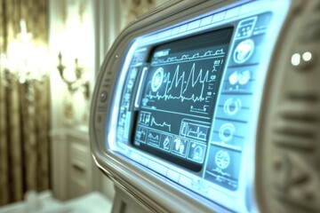 Hospital room with modern medical monitor displaying vital signs in soft lighting