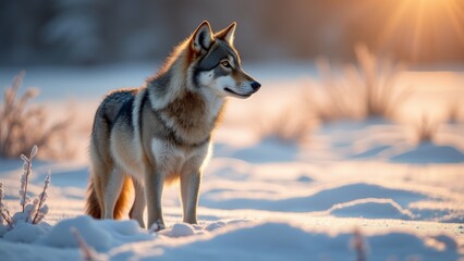 Naklejka premium Generative AI, a wolf standing in the snow at sunset or dawn with the sun shining through the trees behind it and the snow on the ground, beautifully backlit, a 3D render, naturalism 