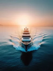 Gardinen Luxurious yacht cruising at sunset over calm ocean waters © BrandwayArt