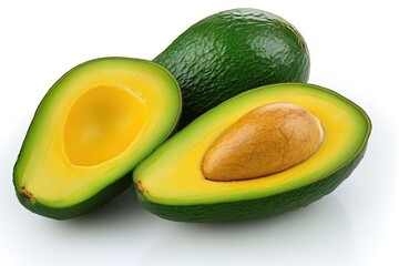 Fresh Avocados - Whole and Sliced Halves with Seed on White Background