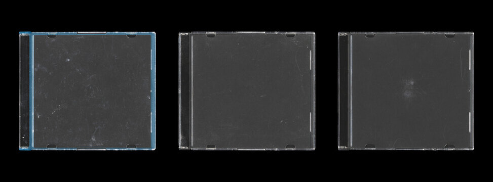 Set of three isolated mockup of old music CD disc jewel case with black cover layout for photo and artworks, in black background, y2k style