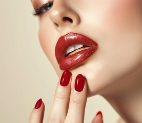 Naklejka premium Macro photo of female lips with red lipstick and white teeth. . Сlose up portrait of woman