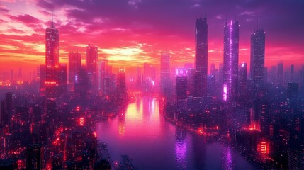 Naklejka premium Cyber Cityscape: Futuristic Neon Lights in Cold Purple Hues Reflecting on Sleek Surfaces