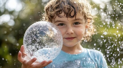 Naklejka premium Refreshing Summer Fun - Child with Water Balloon for Hydration and Playful Cooling
