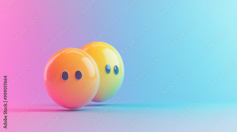 Wall mural two yellow spheres with black dots, resembling eyes, are on a light blue background with a pink grad