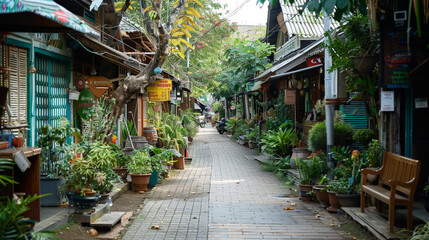 Fototapeta premium Narrow street with a lot of potted plants and benches. The street is lined with shops and has a lot of greenery