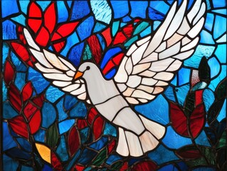 Stained glass representation of the Holy Spirit with colorful foliage