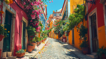 Fototapeta premium Narrow, colorful street with many potted plants and flowers. The street is lined with houses and has a cobblestone path