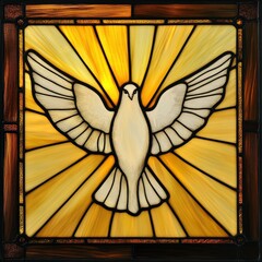 Stained glass depiction of the Holy Spirit illuminated by sunlight