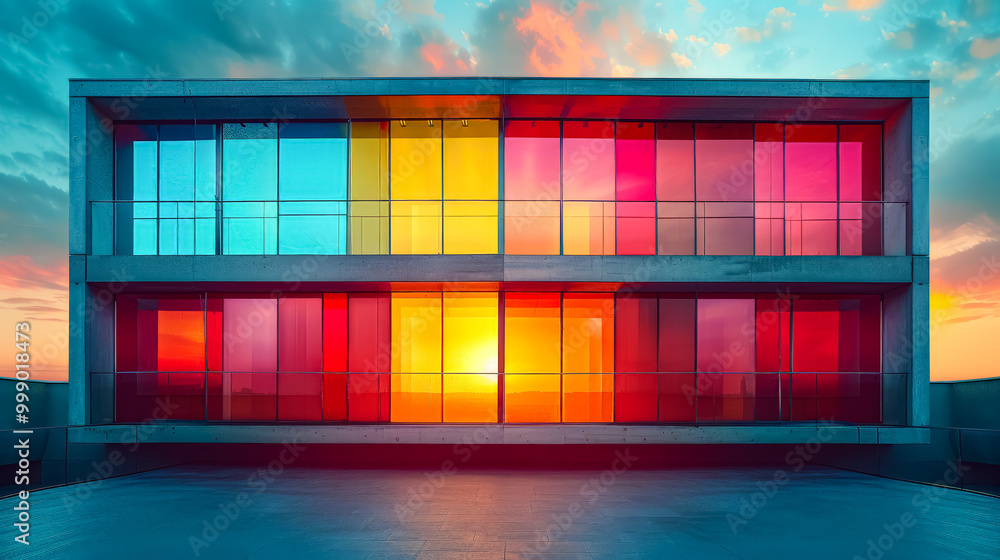 Poster building with a colorful facade and a large window. the building is surrounded by a concrete sidewal