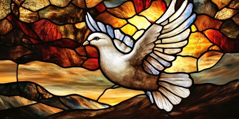 Stained glass depiction of the Holy Spirit as a dove in a colorful setting