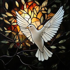 Holy Spirit depicted as a white dove among colorful stained glass leaves