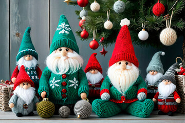 Knitted toy gnomes with gifts under decorated Christmas tree. Festive handmade souvenirs for Christmas