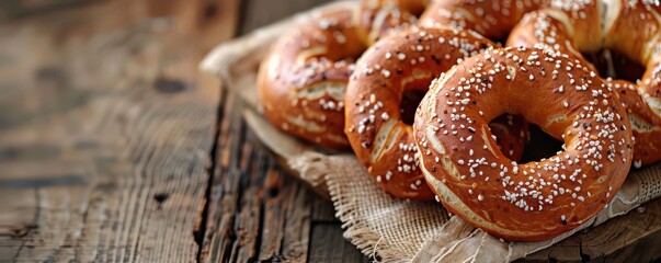 Golden brown sesame seed pretzels resting on a textured wooden surface. Free copy space for banner.