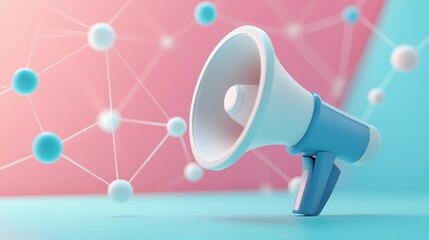 A blue and white megaphone on a pastel pink and blue background with a network of white and blue spheres.