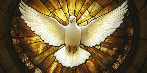 Symbolic representation of the Holy Spirit in vibrant stained glass
