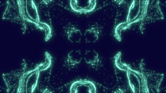futuristisches symmetrisches Netzwerk aus hellen Lichtern, Datentransfer, Technologie, Informationsfluss, Wissenschaft, digital, Muster, gr&uuml;n
