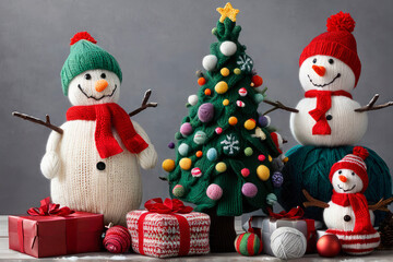 Knitted toy snowmen with gifts under decorated knitted Christmas tree. Festive handmade souvenirs for Christmas