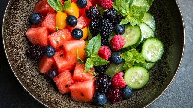 Refreshing Fruit Salad Mix with Watermelon, Cucumber, and Berries - Hydrating Summer Delight