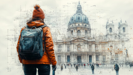 a sketch of a tourist in a blueprint graph, notebook journal effect,