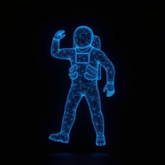 Polygonal blue hologram of astronaut on dark background.