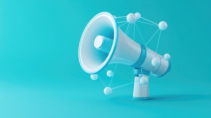 White megaphone with connected spheres on turquoise background.