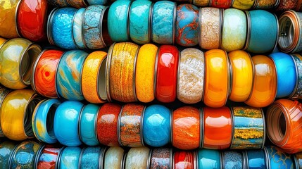 Symmetrical Arrangement of Art Deco Ancient Indian Glass Bangles with Bold Lines and Vibrant Colors Creating a Luxurious Atmosphere, Space for Text