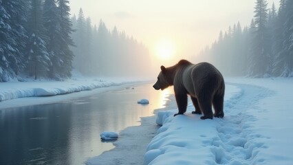 Generative AI, a bear walking across a snow covered field next to a forest at sunset or dawn with the sun setting, wildlife photography, a jigsaw puzzle, naturalism
