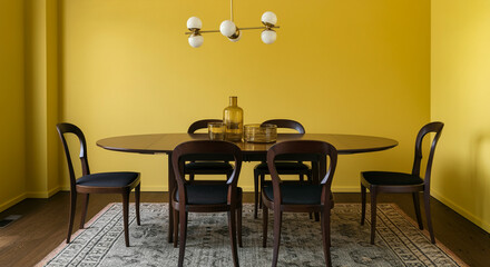 Dining table in modern interior dining room with yellow walls and stylish lighting