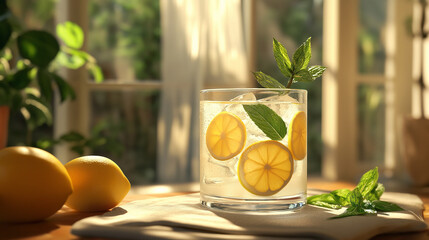 Refreshing lemonade with lemon slices and mint in warm sunlight by window