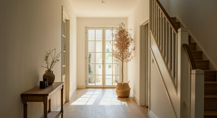Hallway with modern interior design featuring natural light and decor elements