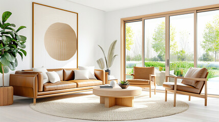 Living room furniture in modern interior with home decor featuring natural light and plants