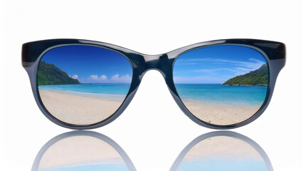 Black Sunglasses with a Reflection of the Beach on a White Background