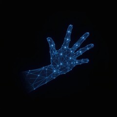 Hand gesture polygonal blue hologram on dark background.