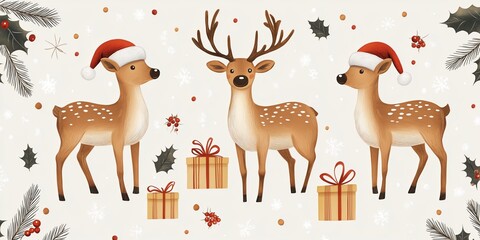 Obraz premium three adorable reindeer wearing Santa hats, surrounded by festive elements like snowflakes, holly, and a wrapped gift. 