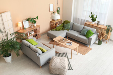 Interior of stylish living room with grey sofas, table and green plants