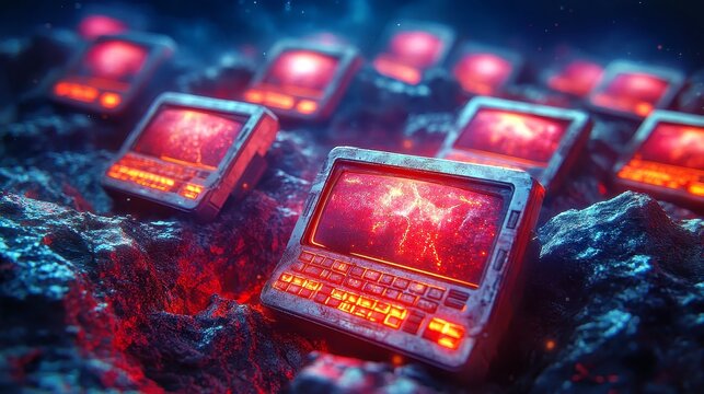 Vibrant Futuristic Digital Fossils in Alien Rock Formations with Obsolete Technology, Neon Highlights, Space for Text