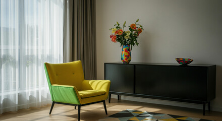 Fototapeta premium Chair in modern interior design with vibrant home decor and floral arrangement