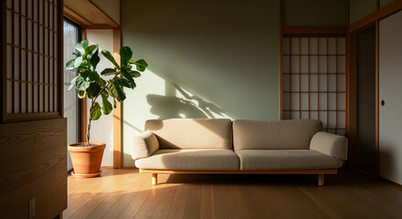 Sofa in modern living room with natural light and interior design elements