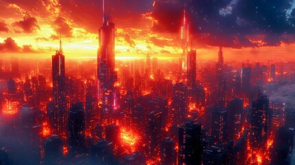 Fototapeta premium Dystopian Future: Abstract Cyberpunk Cityscape with Glitching Holograms and Chaotic Energy