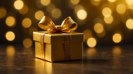 Elegant golden gift box with sparkling ribbon
