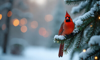 A bright red cardinal perched on a snow-covered pine branch in a winter wonderland, surrounded by twinkling holiday lights