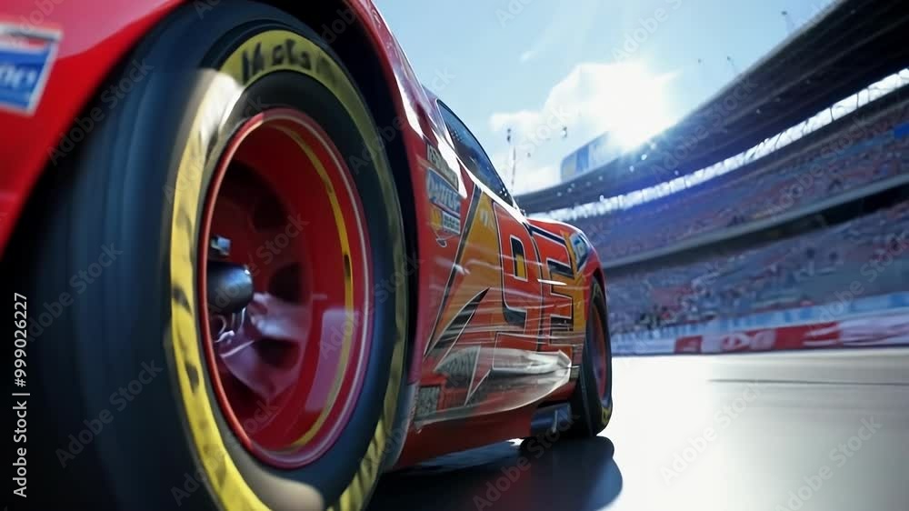 Poster red race car with the number 95 is driving on a wet track with a blurred background of a crowded spe