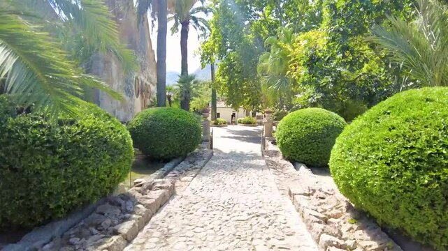 Walk Downstairs on a Path at the botanical gardens Jardines de Alfabia, Mallorca, Balearic islands, Spain. Hyperlapse in 4k
