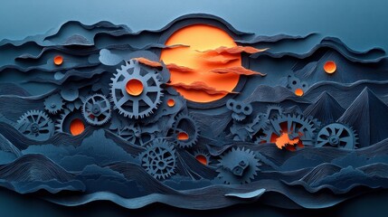 Intricate Paper Cut Craft with Mechanical Spirits and Mystical Shapes, Side View with Text Placeholder
