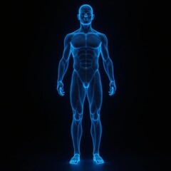 Polygonal blue hologram of male body on dark background.